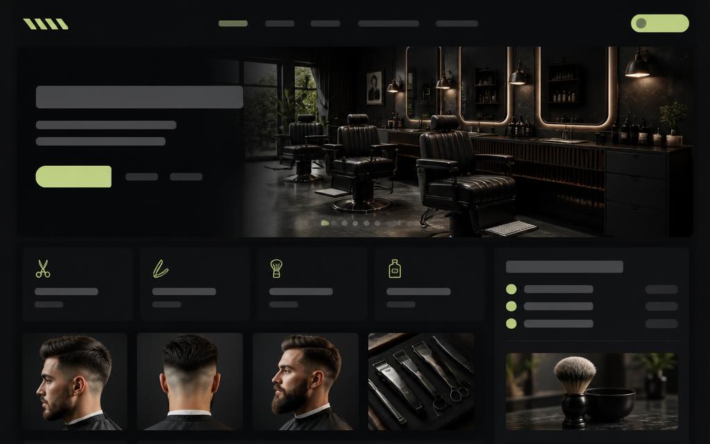 Barbershop website concept with warm dark styling